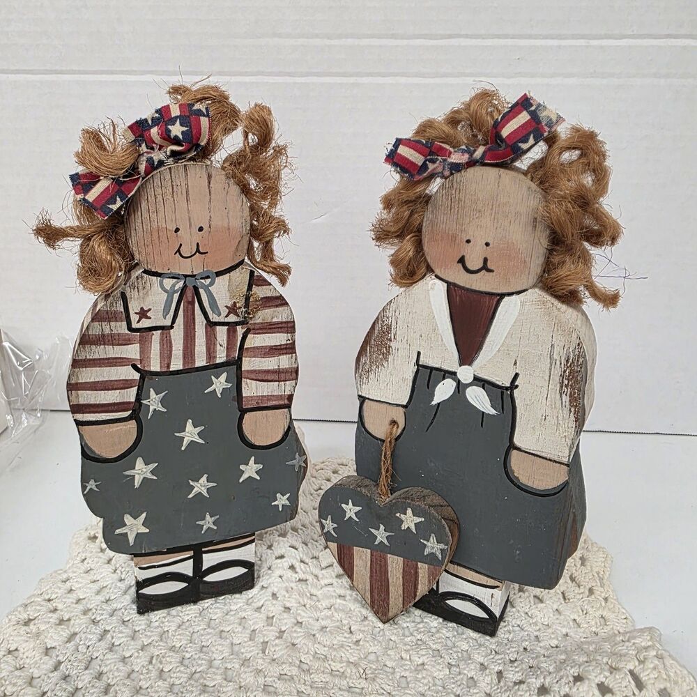 Vtg Country Wood Folk Art 2 Patriotic Girl Doll Shelf Sitters Cottagecore Grandm